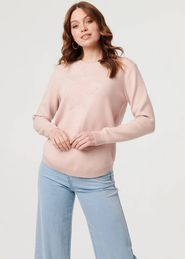 Izabel London Pink Sparkle Detail Floral Embroidered Jumper