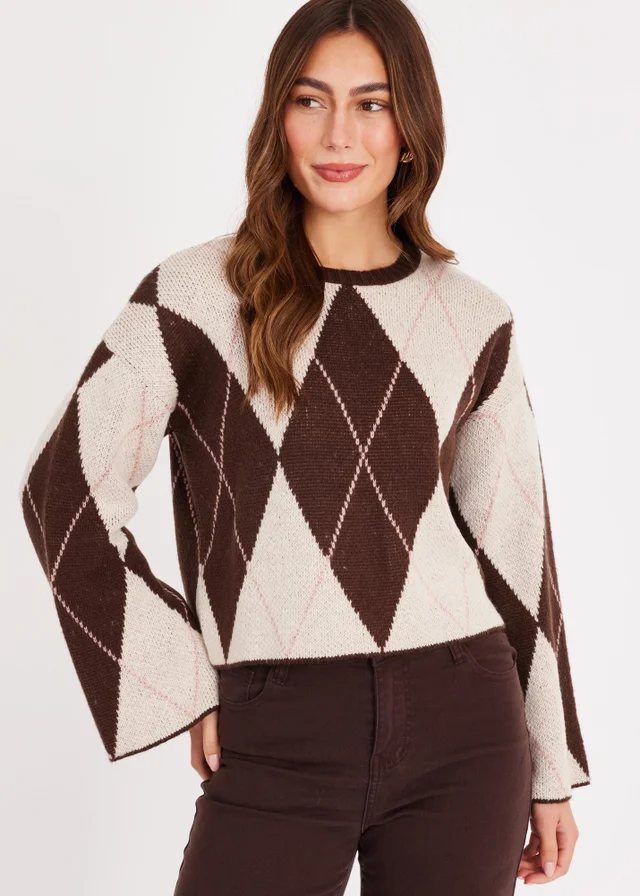 Quiz Brown Argyle Print Knitted Jumper