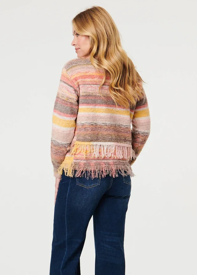 Izabel London Pink Striped Texture Tassel Hem Crop Jumper