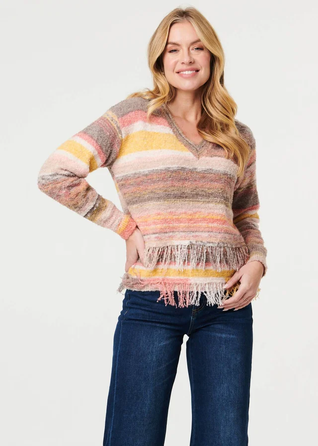 Izabel London Pink Striped Texture Tassel Hem Crop Jumper