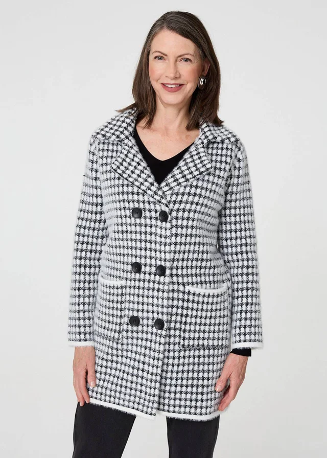 Izabel London Black Check Double Breasted Longline Coat