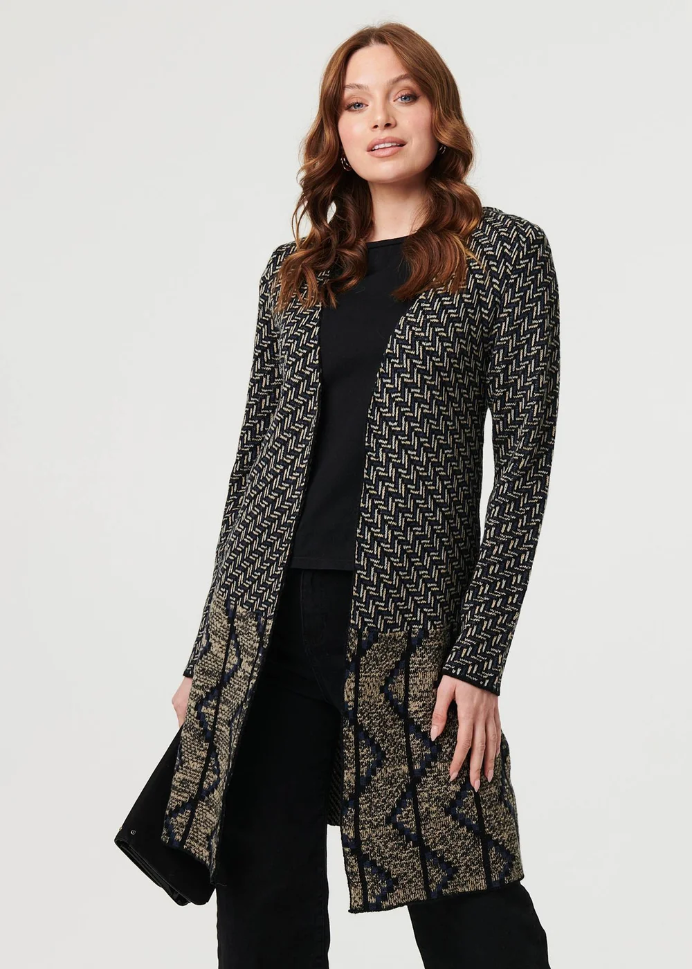 Izabel London Navy Geo Print Longline Open Front Jacket - S Image 1