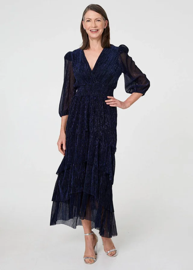 Izabel London Navy Sparkly Semi Sheer Texture Maxi Dress