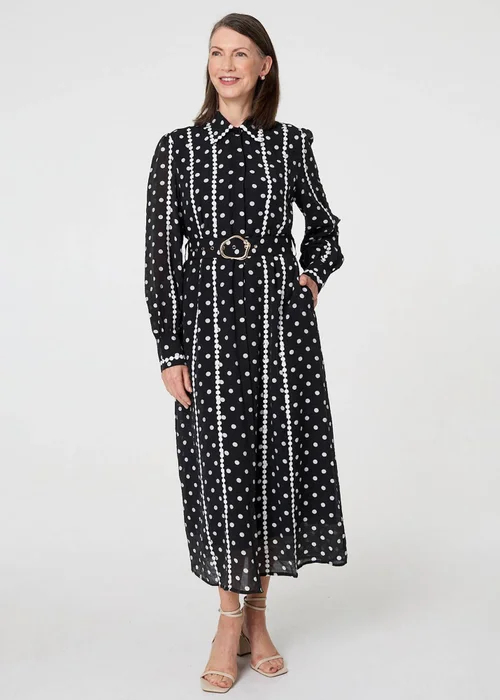 Izabel London Black Polka Dot Belted Maxi Shirt Dress - Size 14 Image 1