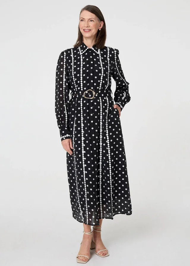 Izabel London Black Polka Dot Belted Maxi Shirt Dress