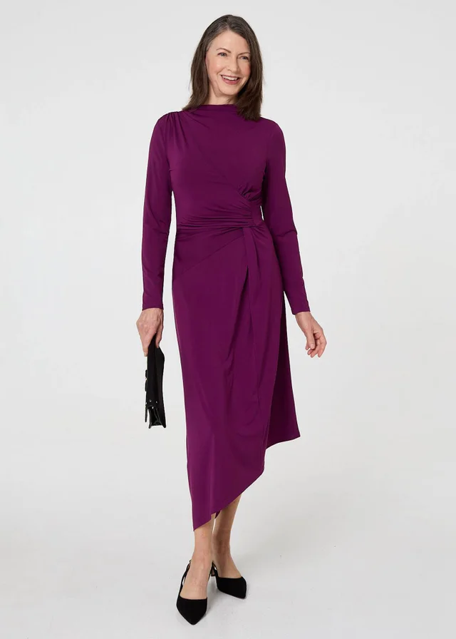 Izabel London Purple Asymmetric Twist Long Sleeve Maxi Dress