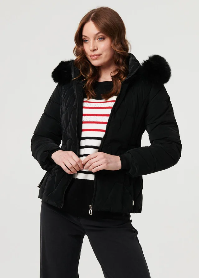Izabel London Black Faux Fur Trim Hooded Zip-Up Jacket