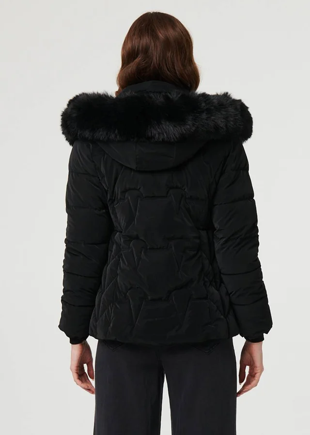 Izabel London Black Faux Fur Trim Hooded Zip-Up Jacket