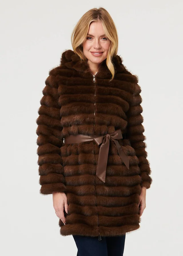 Izabel London Brown Faux Fur Striped Tie Waist Longline Coat