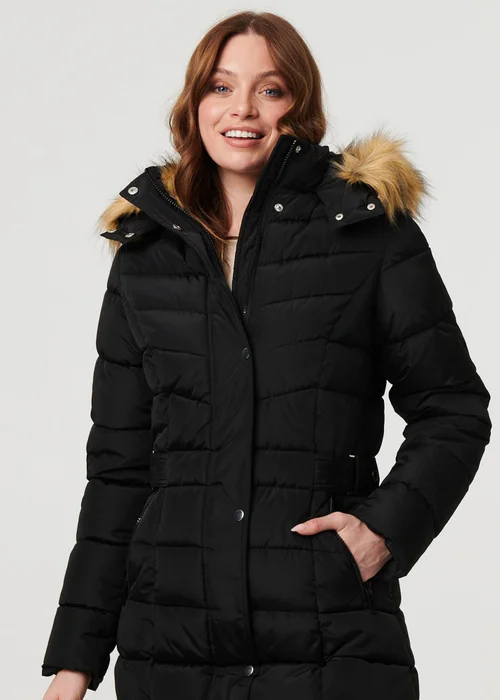 Izabel London Black Hooded Faux Fur Trim Longline Jacket - 8 Image 3