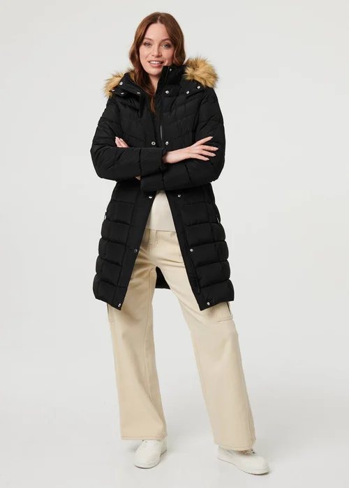 Izabel London Black Hooded Faux Fur Trim Longline Jacket - 8 Image 4