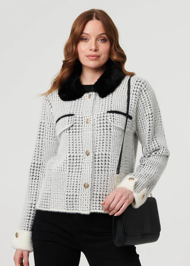 Izabel London Black Checked Faux Fur Long Sleeve Jacket