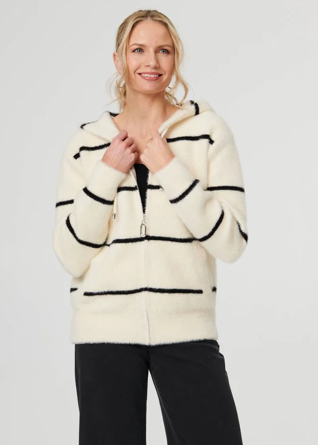 Izabel London White Stripe Print Textured Hooded Jacket