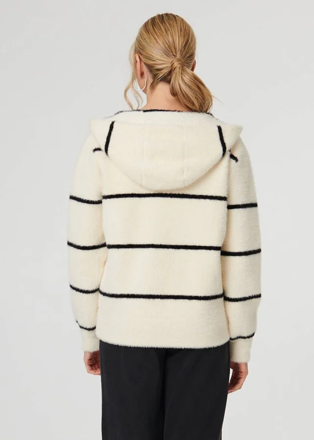 Izabel London White Stripe Print Textured Hooded Jacket