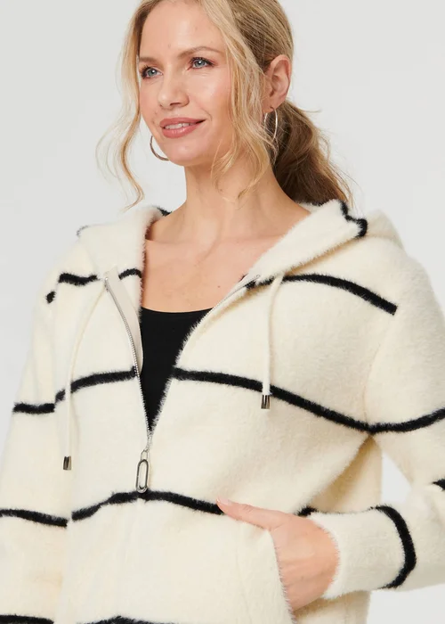 Izabel London White Stripe Print Textured Hooded Jacket - M/L Image 3