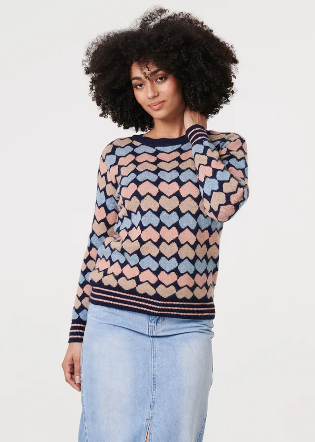 Izabel London Navy Heart Print Long Sleeve Jumper