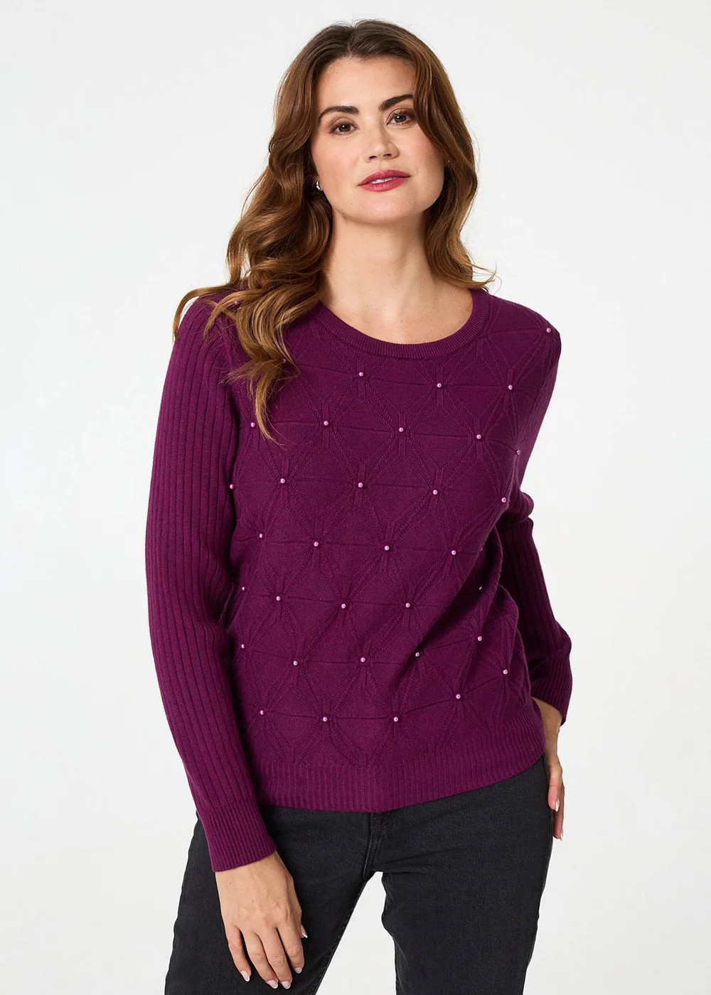 Izabel London Purple Pearl Embellished Texture Jumper - XL Image 1