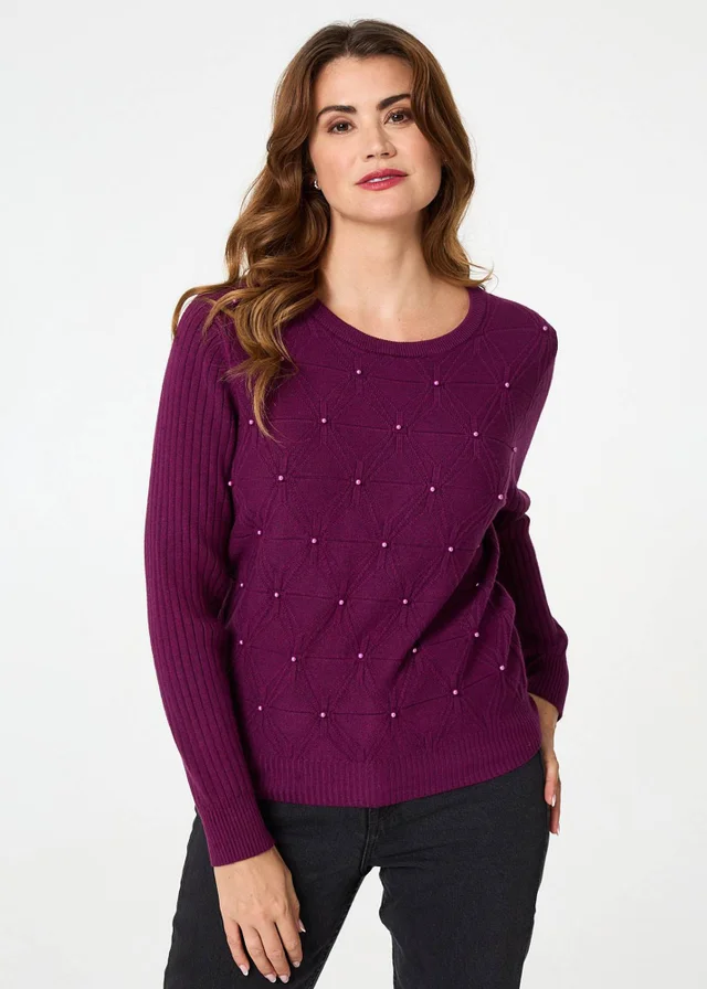 Izabel London Purple Pearl Embellished Texture Jumper