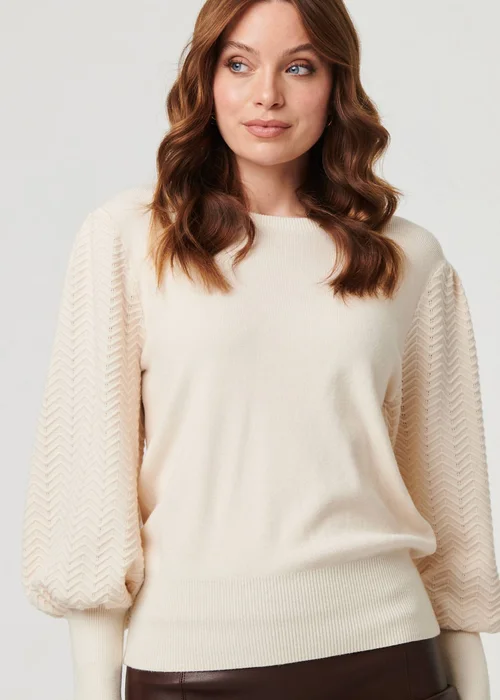 Izabel London Beige Chevron Texture Balloon Sleeve Jumper - S Image 3