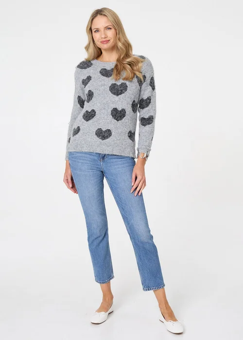 Izabel London Grey Heart Print Texture Drop Shoulder Jumper - Size 14 Image 4