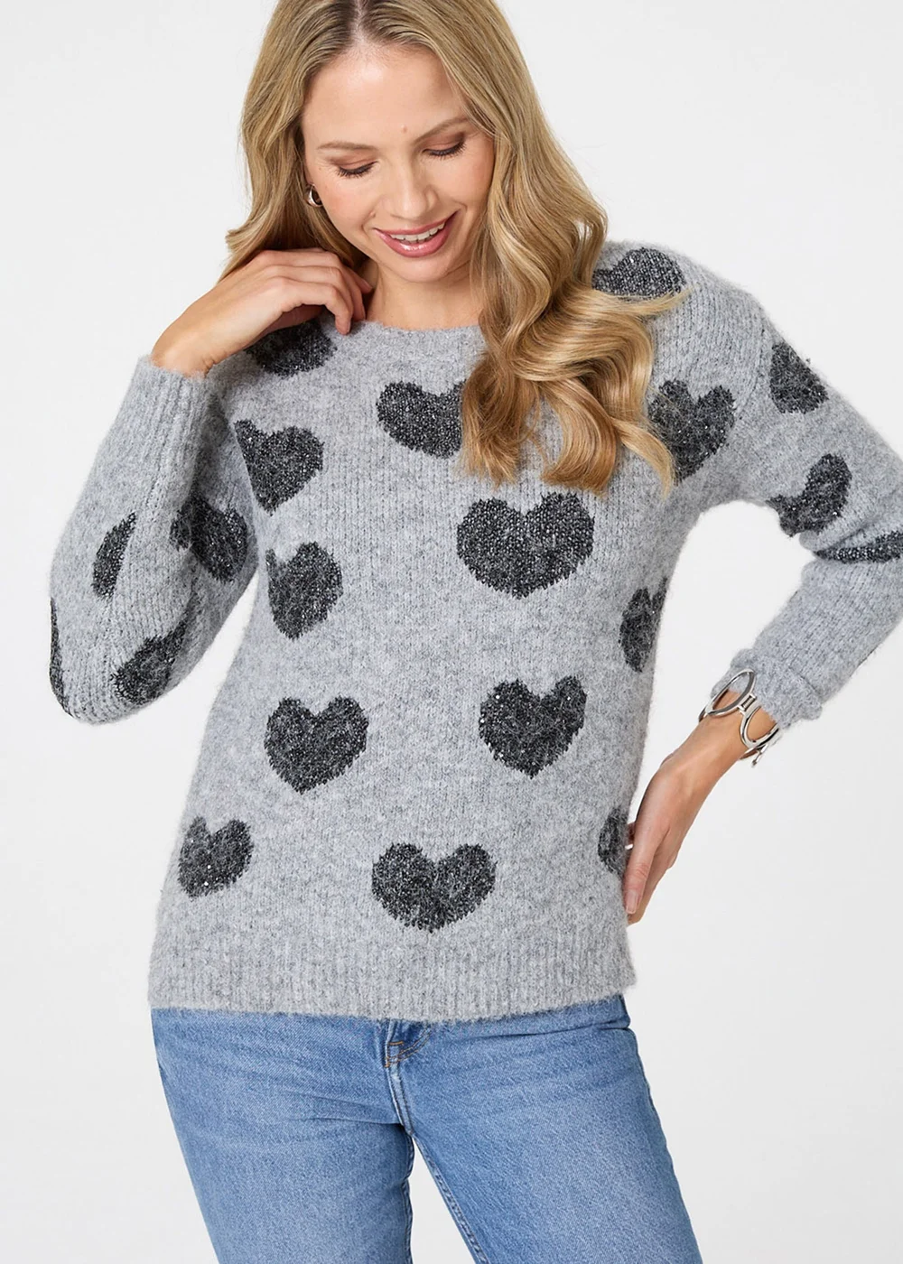 Izabel London Grey Heart Print Texture Drop Shoulder Jumper - Size 14 Image 1