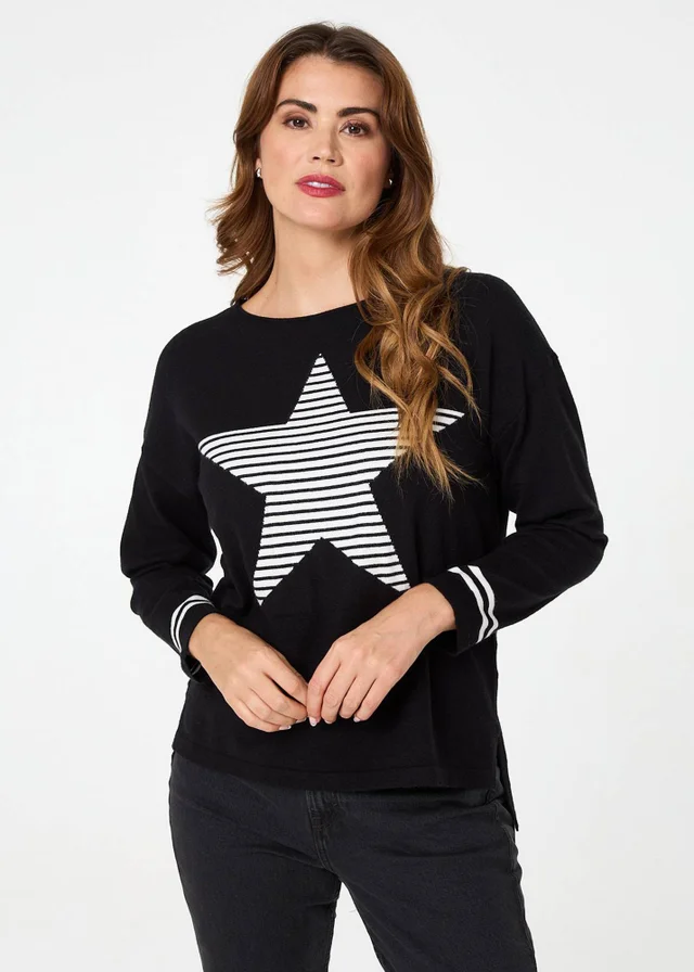 Izabel London Black Star Print Long Sleeve Relaxed Top