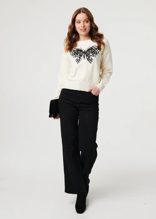 Izabel London White Sparkly Butterfly Detail Relaxed Jumper - M Image 4