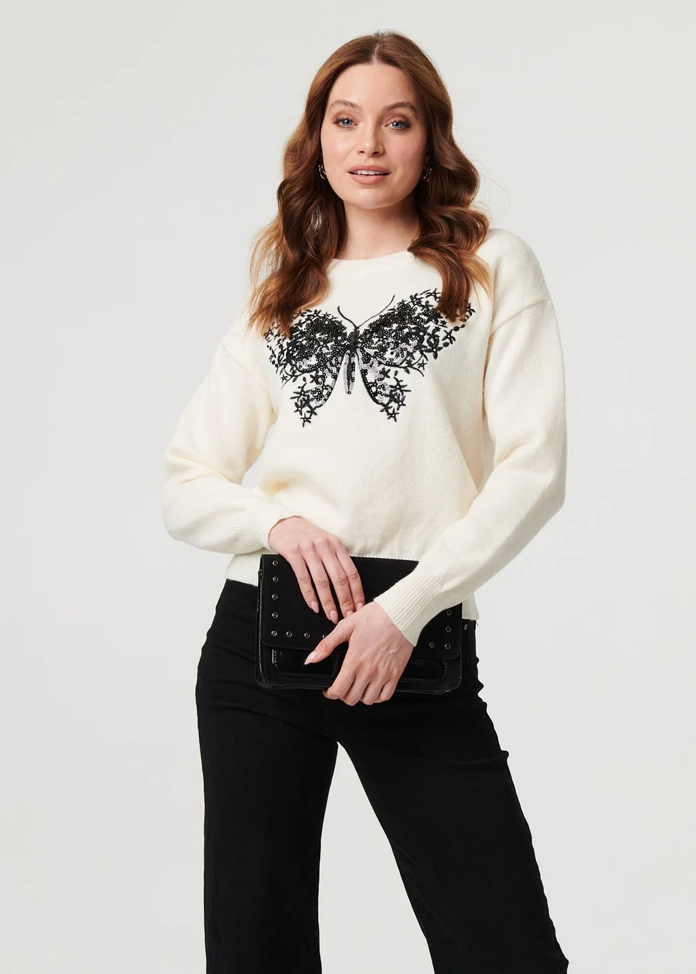 Izabel London White Sparkly Butterfly Detail Relaxed Jumper - M Image 1