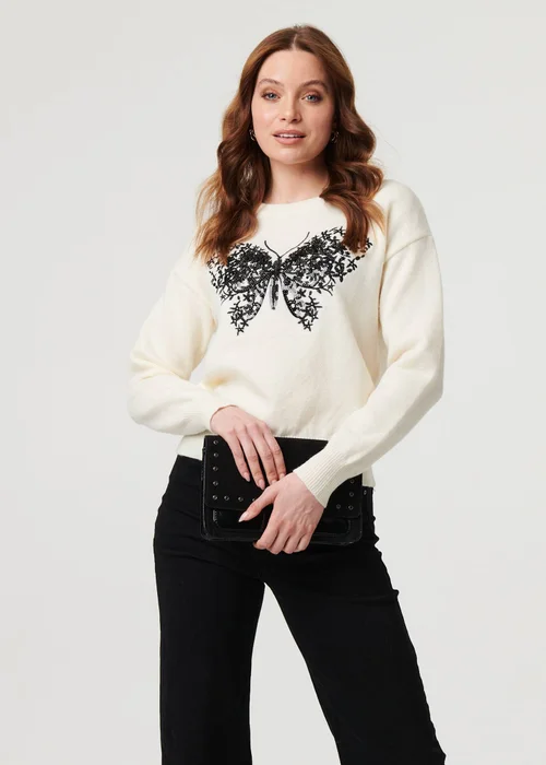 Izabel London White Sparkly Butterfly Detail Relaxed Jumper - M Image 1