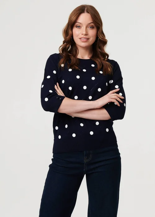 Izabel London Navy Polka Dot Print 3/4 Sleeve Slim Jumper - 8 Image 1