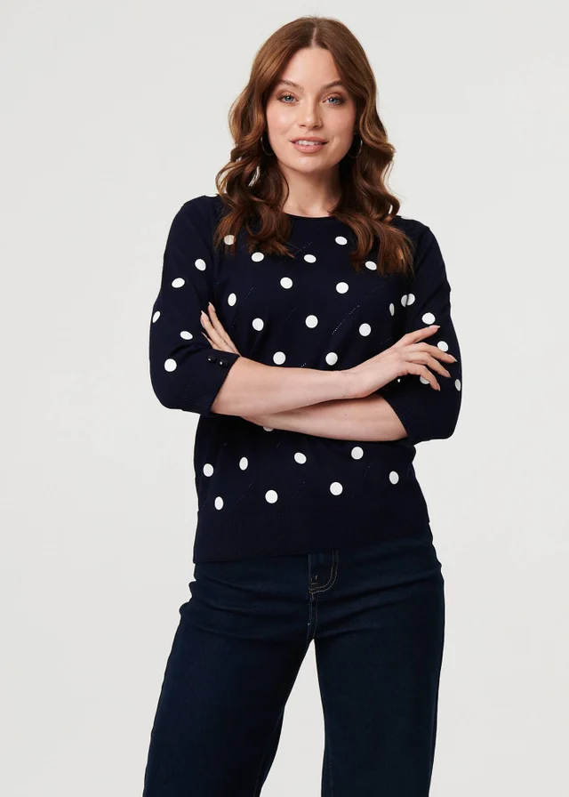 Izabel London Navy Polka Dot Print 3/4 Sleeve Slim Jumper