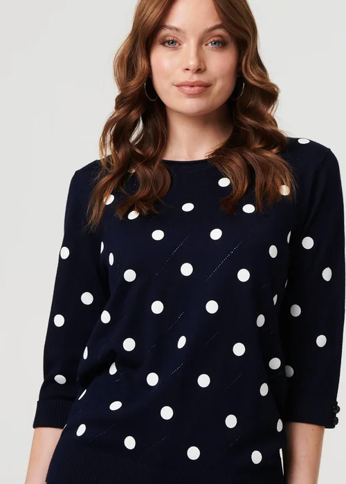 Izabel London Navy Polka Dot Print 3/4 Sleeve Slim Jumper - 8 Image 3