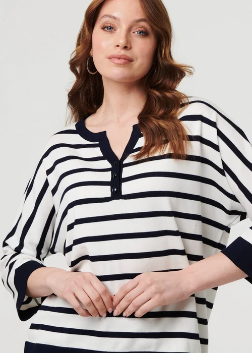 Izabel London Navy Striped Oversized Drop Shoulder Top - Medium/Large Image 3