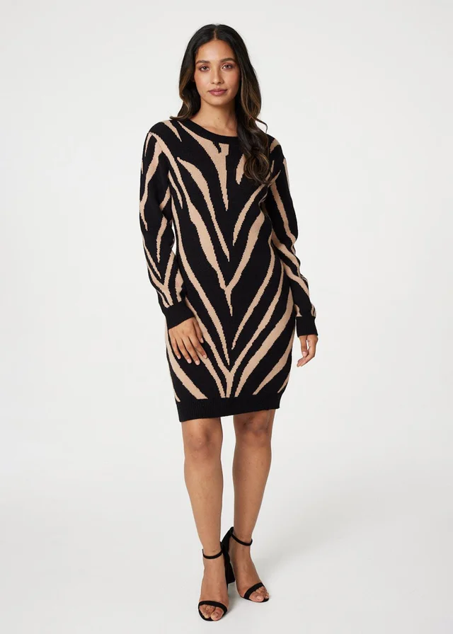 Izabel London Black Animal Print Short Knit Dress