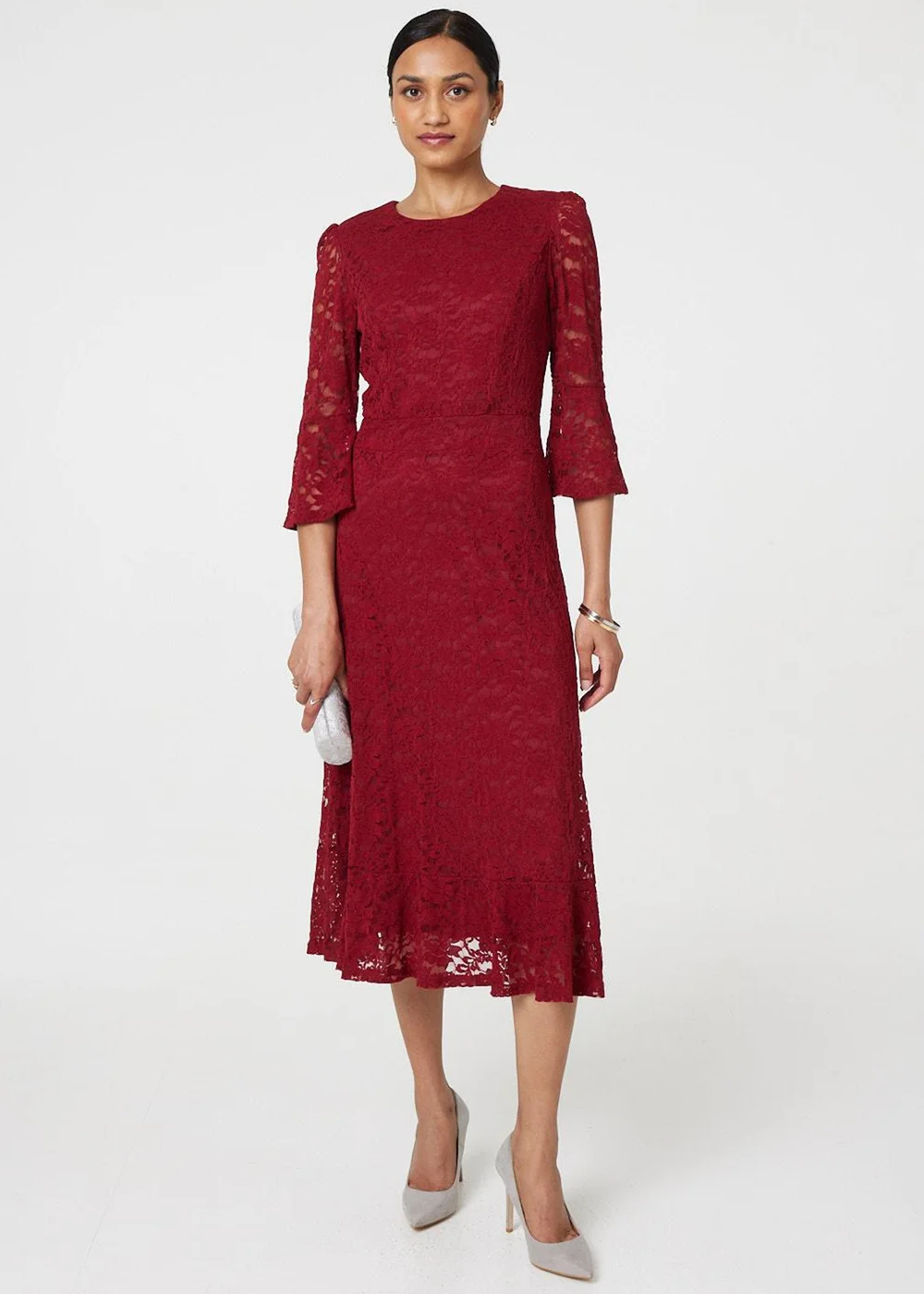 Izabel London Red Lace Semi Sheer 3/4 Flute Sleeve Midi Dress - 8 Image 4