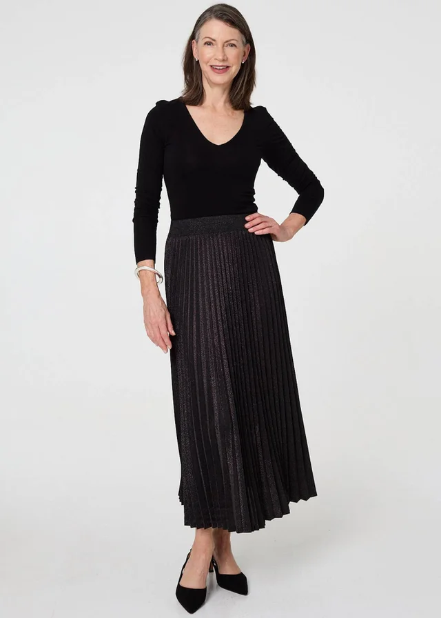 Izabel London Black Sparkly Pleated High Waist Maxi Skirt