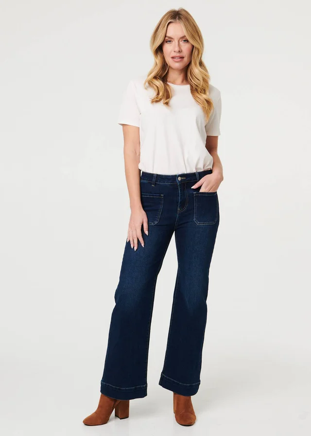 Izabel London Blue Pocket Detail High Waist Wide Jeans