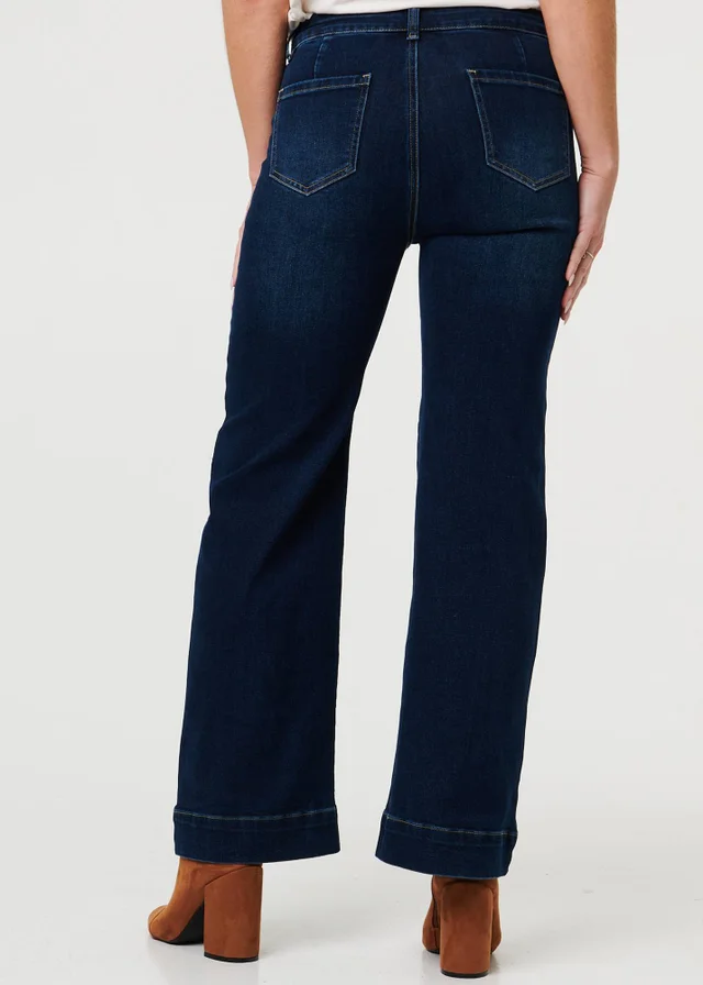 Izabel London Blue Pocket Detail High Waist Wide Jeans