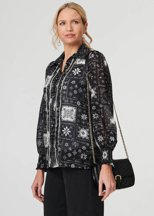Izabel London Black Mosaic Print Button-Up Semi Sheer Shirt