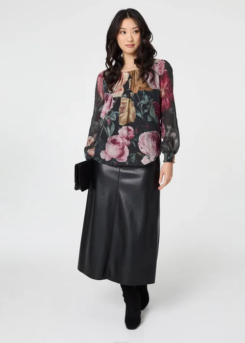 Izabel London Black Floral Long Puff Sleeve Pleated Blouse - 8 Image 4