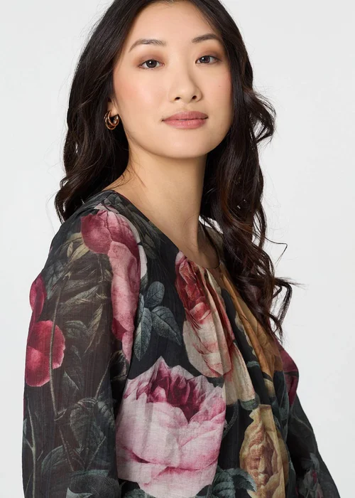 Izabel London Black Floral Long Puff Sleeve Pleated Blouse - 8 Image 3