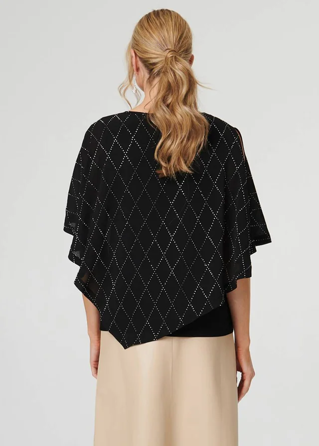 Izabel London Black Geo Print Cut-Out 1/2 Sleeve Blouse
