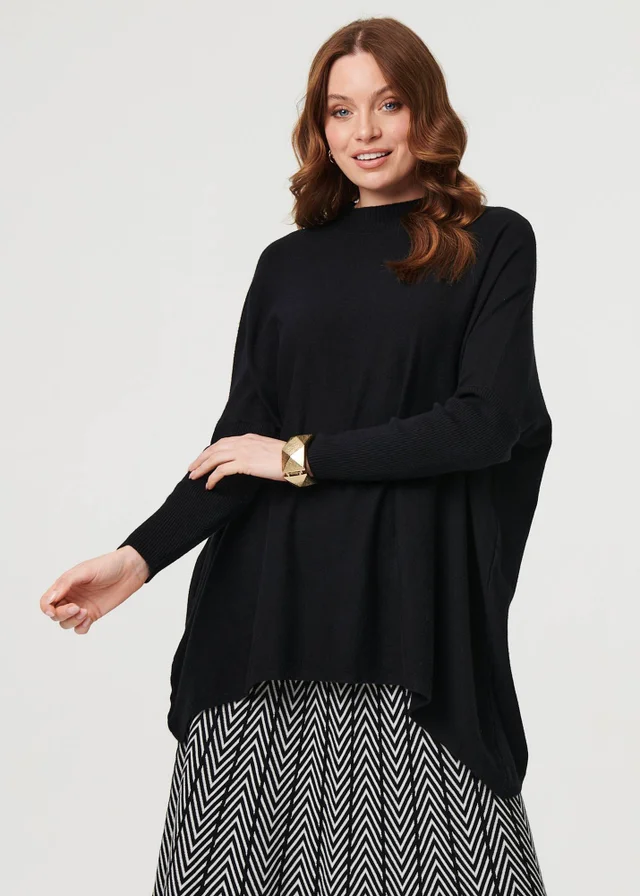 Izabel London Black High Neck Batwing Sleeve Relaxed Jumper