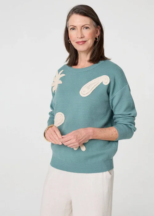 Izabel London Green Embroidered Front Long Sleeve Jumper - Size 14 Image 1