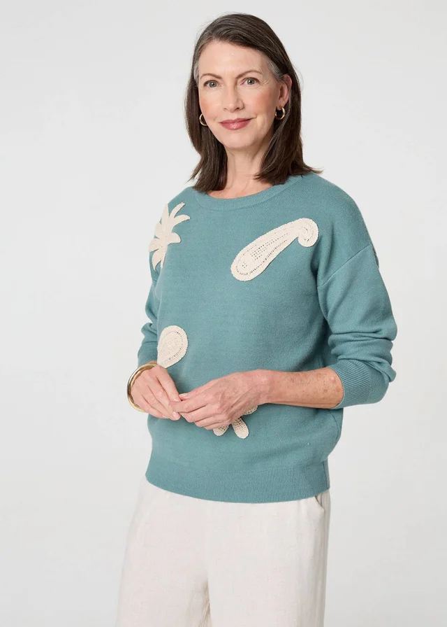 Izabel London Green Embroidered Front Long Sleeve Jumper