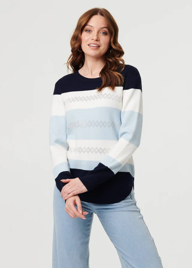 Izabel London Navy Diamante Trim Striped Slim Jumper