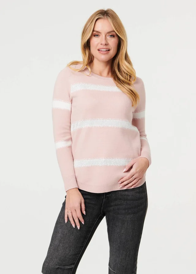 Izabel London Pink Sparkle Striped Long Sleeve Slim Jumper