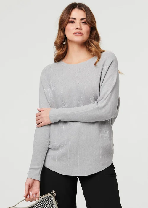 Izabel London Grey Sparkly Star Front Batwing Sleeve Jumper - M/L Image 1