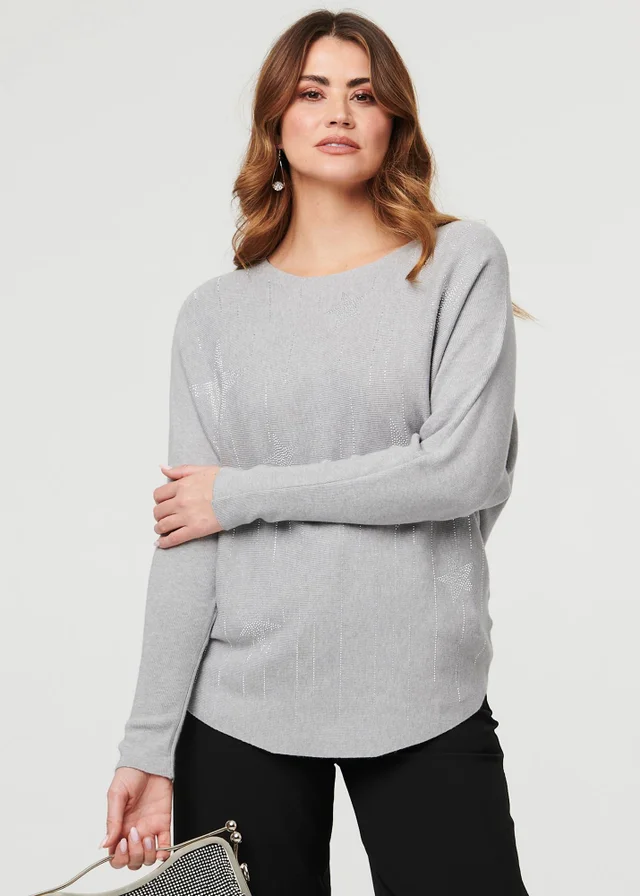 Izabel London Grey Sparkly Star Front Batwing Sleeve Jumper