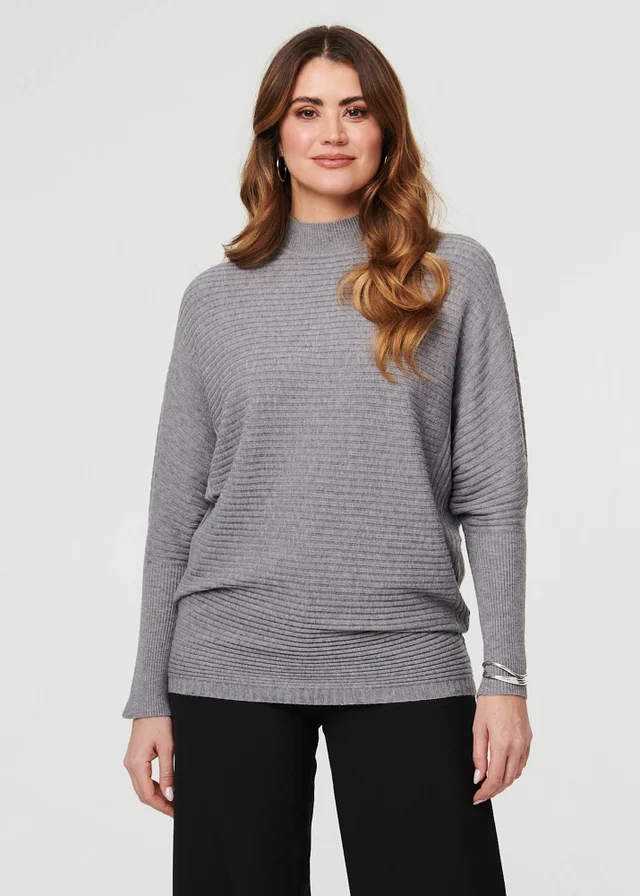 Izabel London Grey Striped Texture High Neck Relaxed Jumper